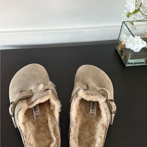 Birkenstock Tan Suede Mules with Fur Lining